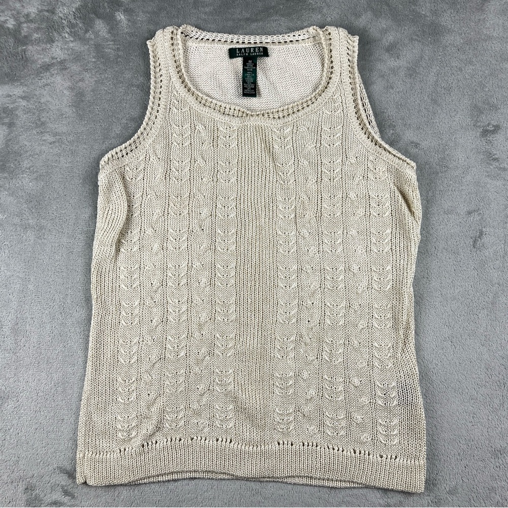 Lauren Ralph Lauren Sleeveless Sweater Tank Womens M Open Cable Knit Metallic